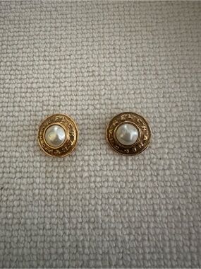 CHANEL Gold-Tone Button Earrings with White Faux Pearls
